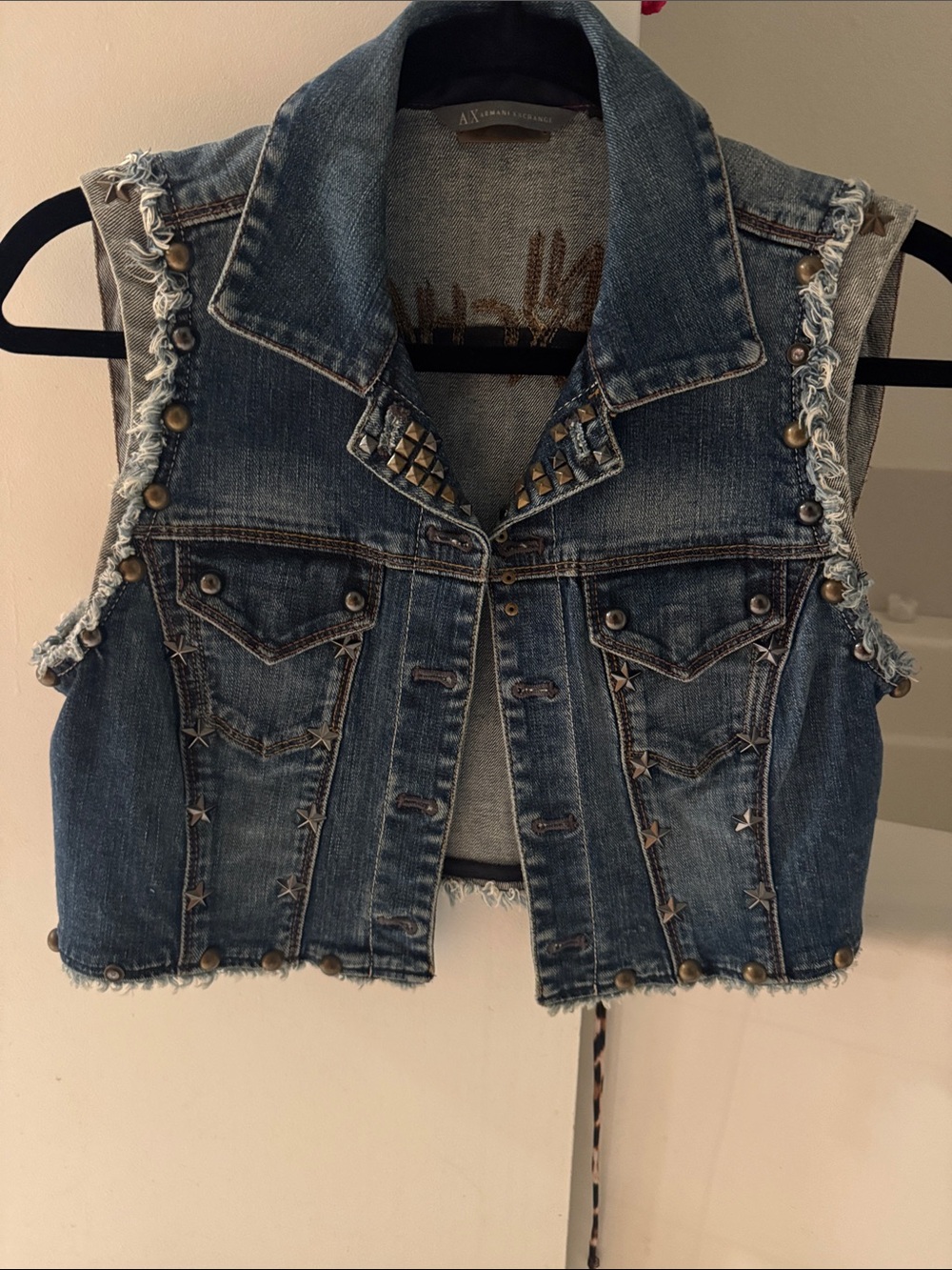 Armani Exchange Studded Distressed Denim Vest - Blue